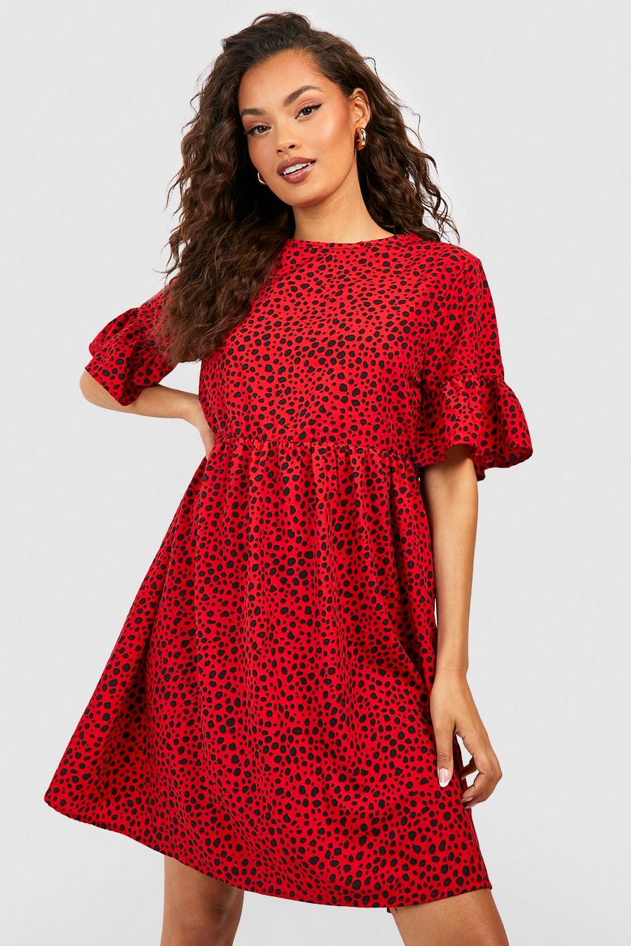 Red Woven Dalmatian Print Smock Dress