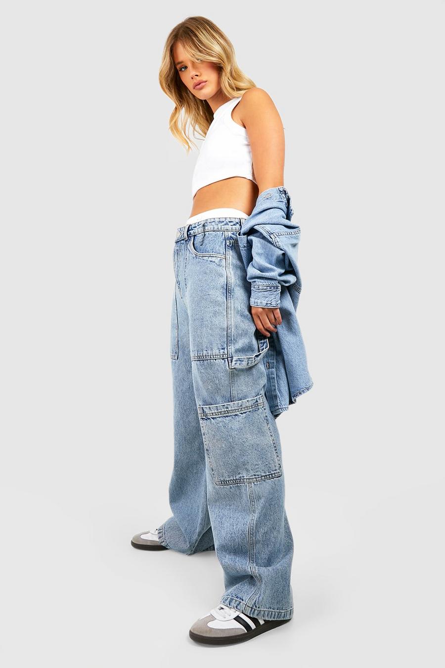 Gerade Jeans mit Cargo-Taschen, Wash blue image number 1