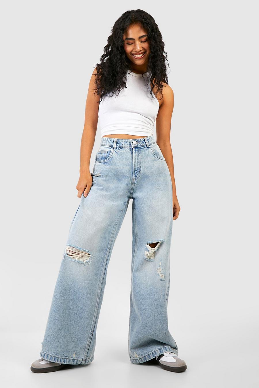 Washed blue Ripped Knee Distressed Relaxed Straight Leg Jeans
