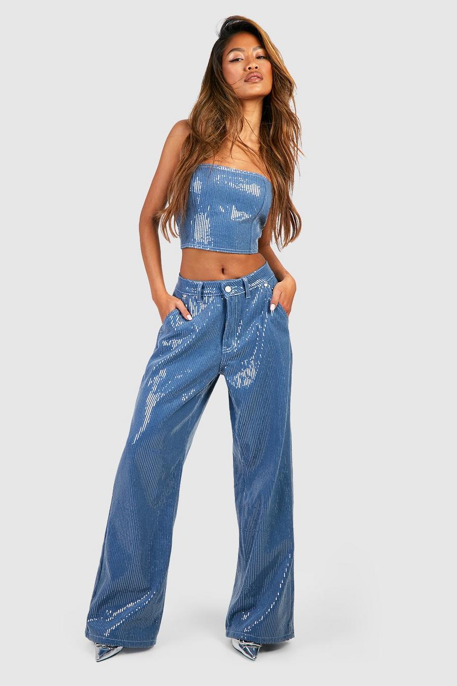 Pailletten-Jeans mit geradem Bein, Light blue