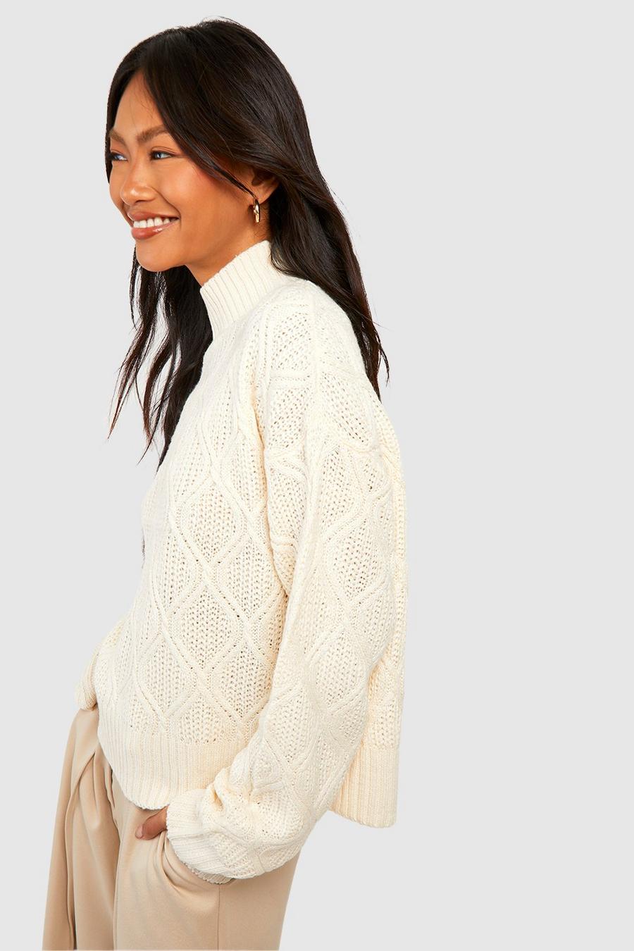 Oatmeal High Neck Cable Knit Jumper