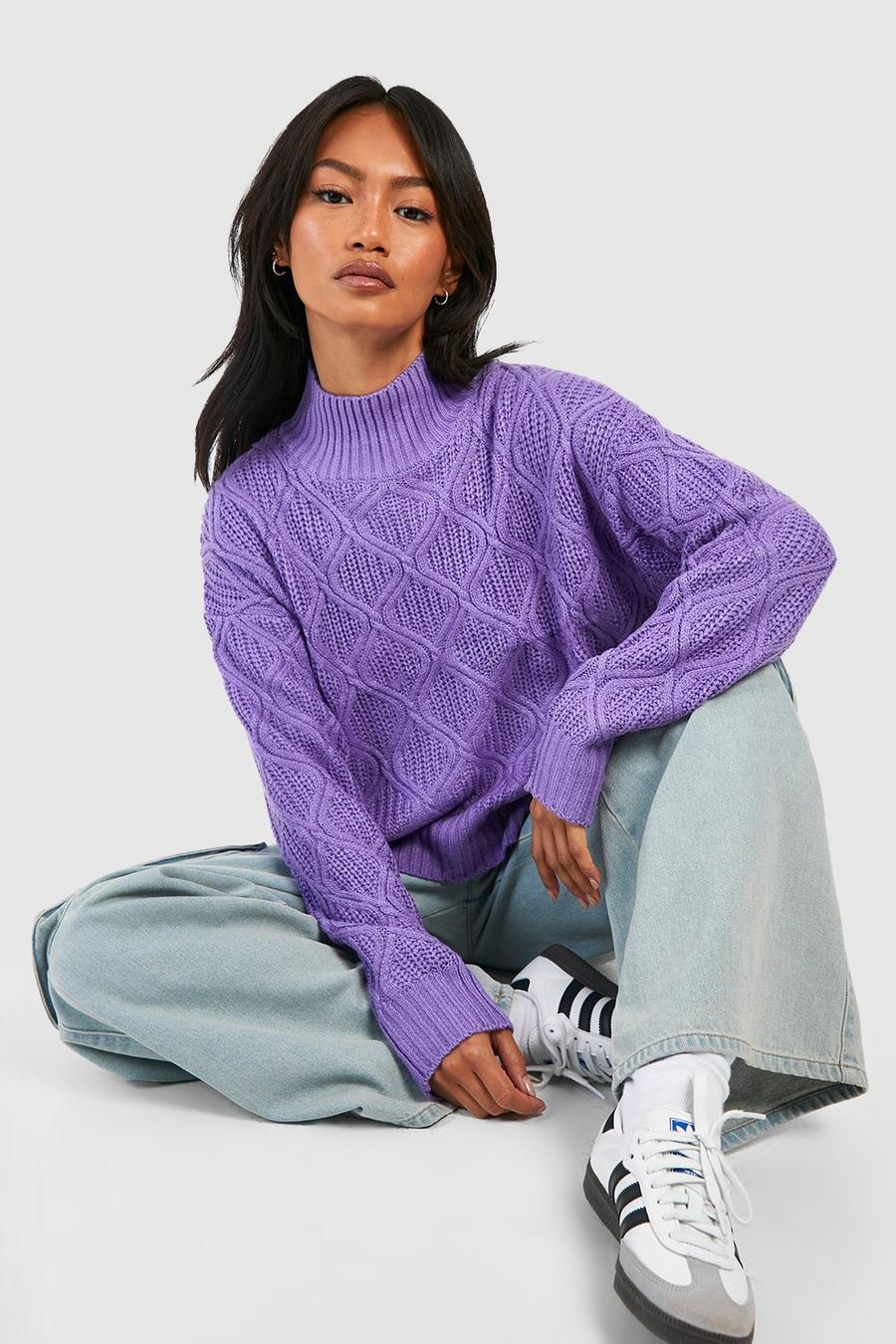 Purple High Neck Cable Knit Sweater