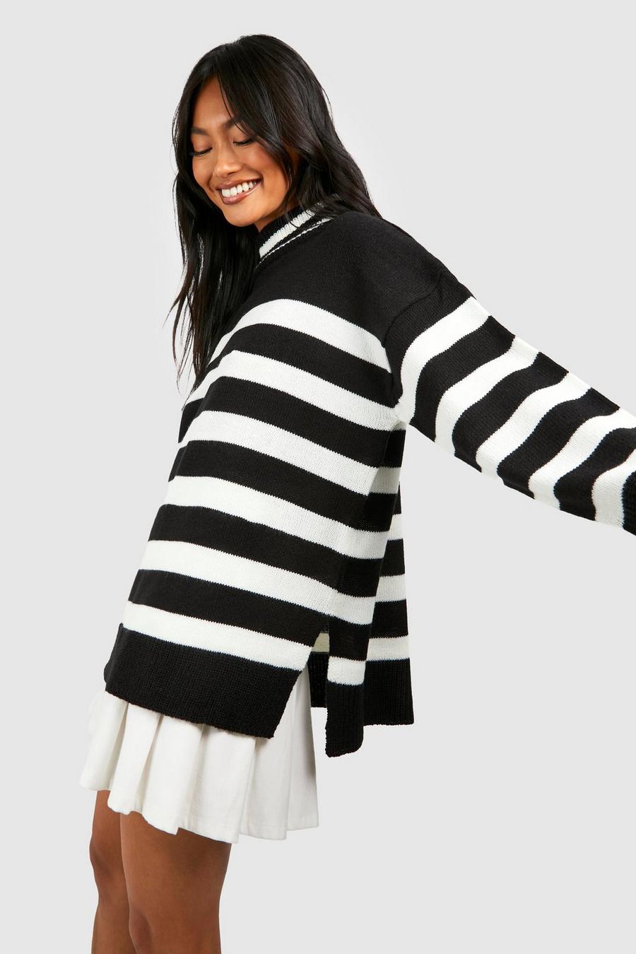 Black Stripe Turtleneck Side Split Sweater