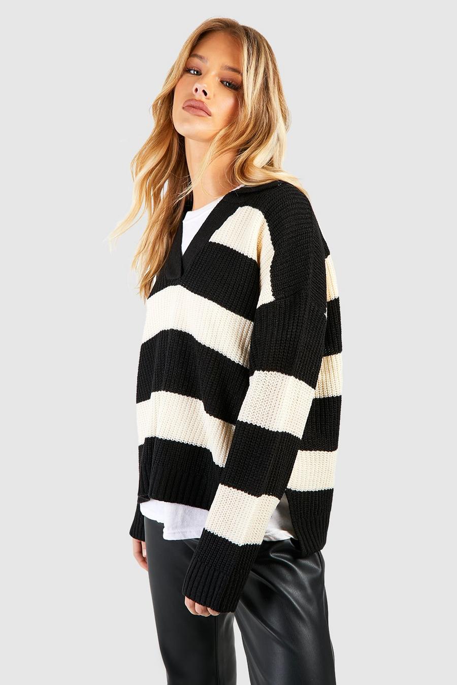 Pullover mit Polo-Kragen und breiten Streifen, Black