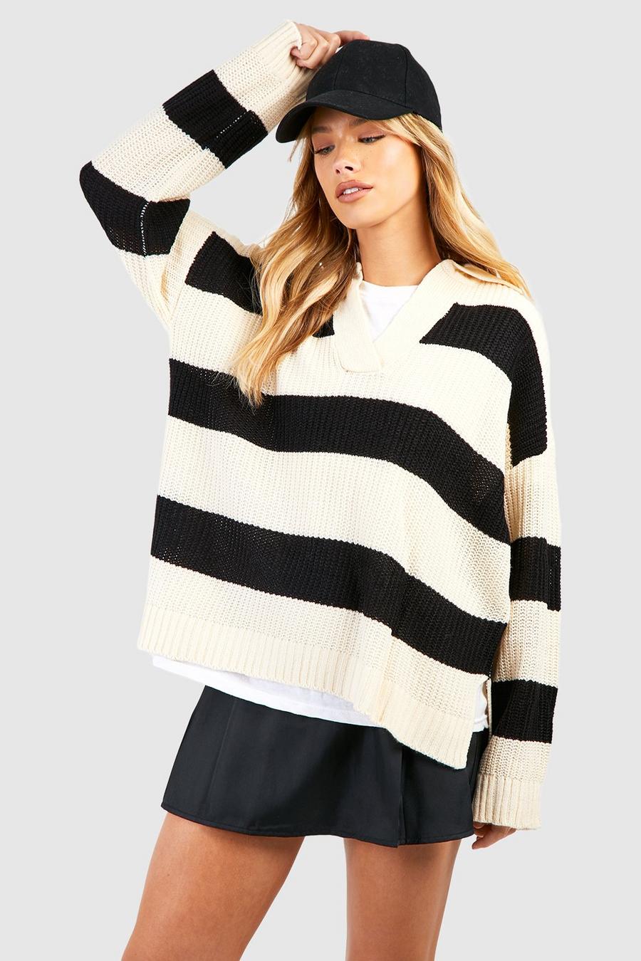 Cream Wide Stripe Polo Collar Sweater image number 1