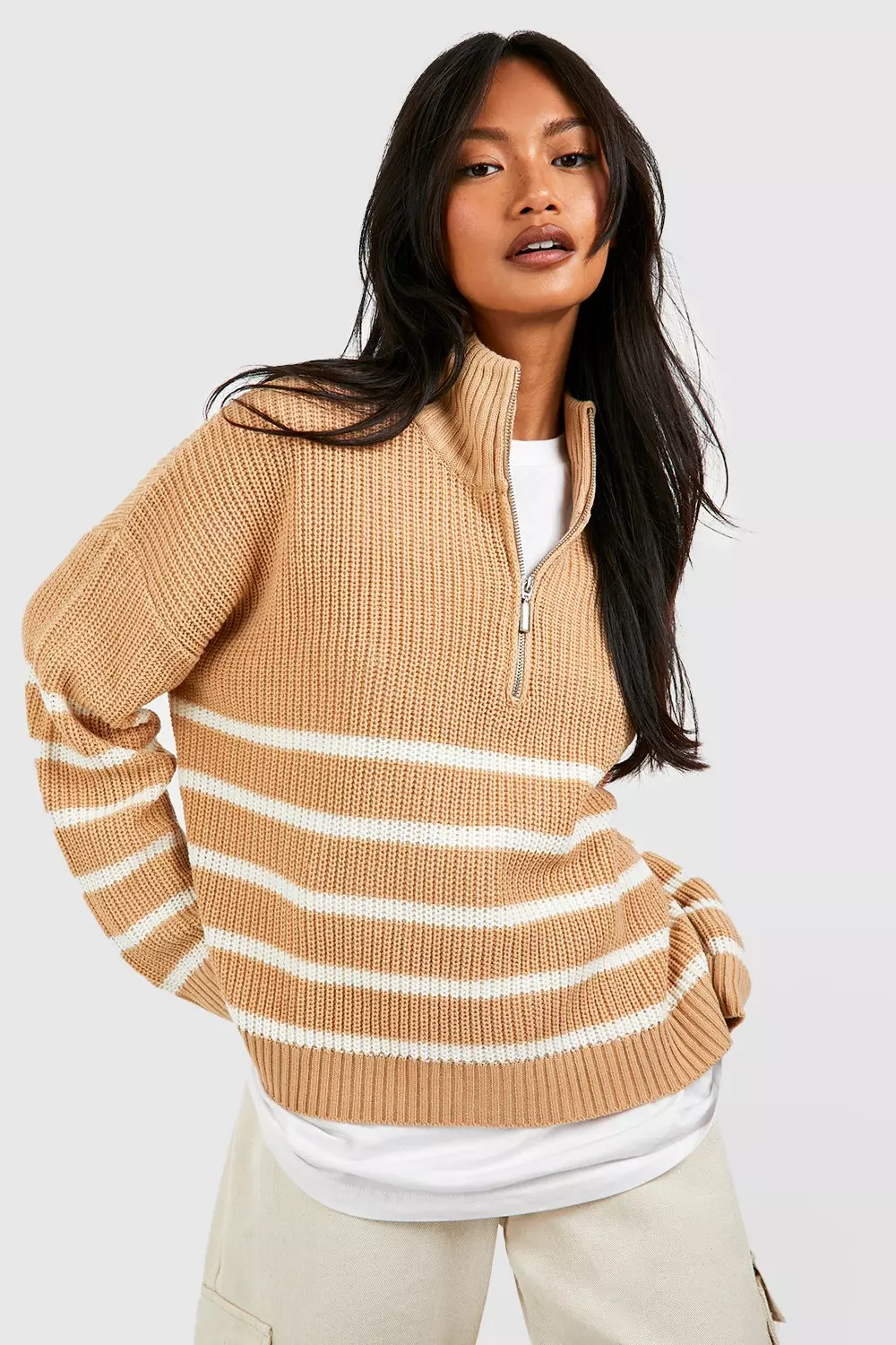 White Half Zip Stripe Jumper صورة بديلة