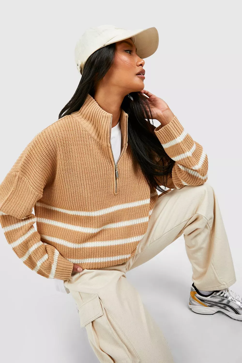 White Half Zip Stripe Jumper صورة بديلة