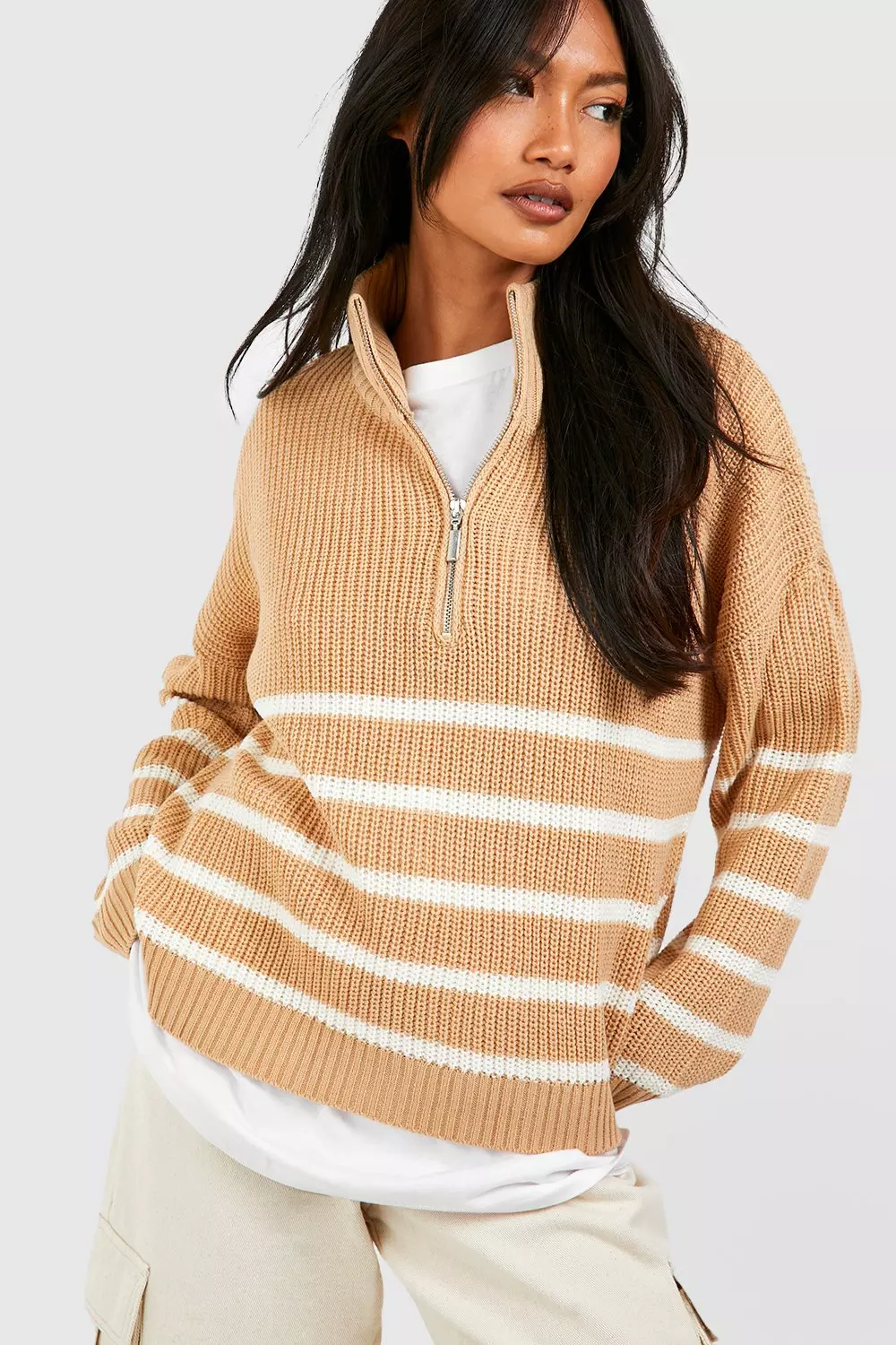 White Half Zip Stripe Jumper صورة بديلة