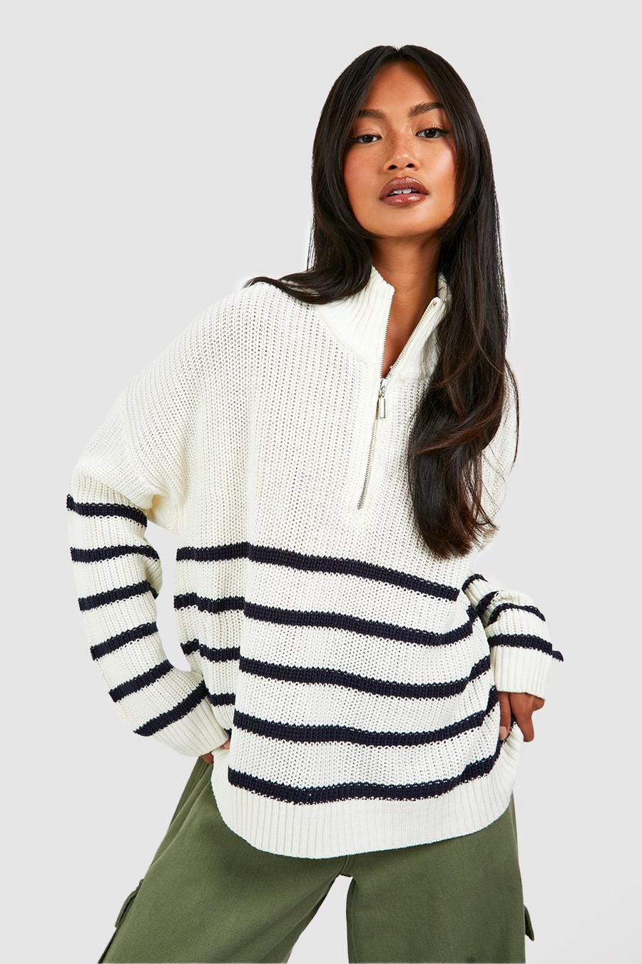 White Half Zip Stripe Sweater