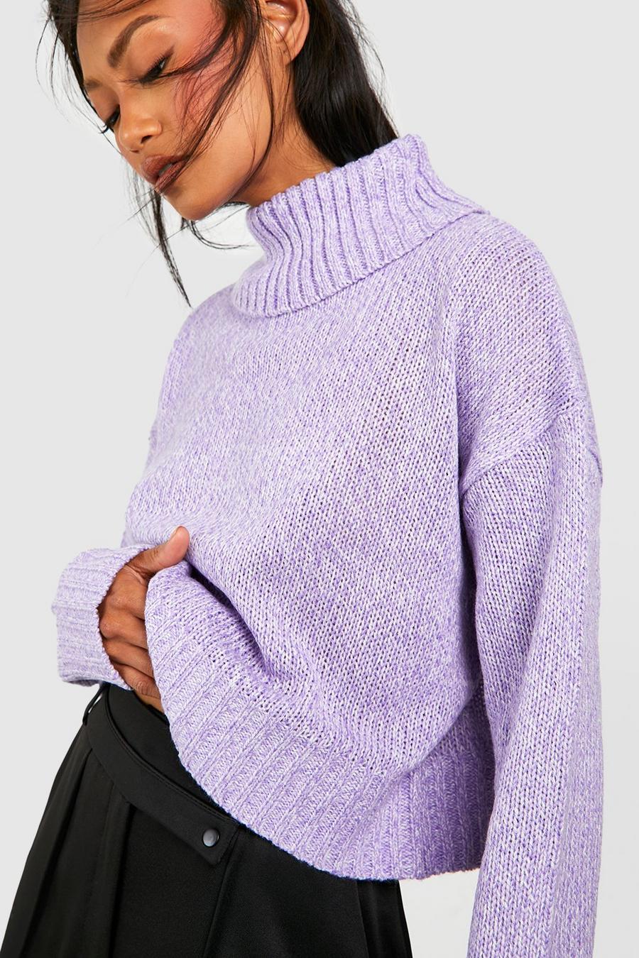 Lilac purple Marl Knit Roll Neck Crop Jumper