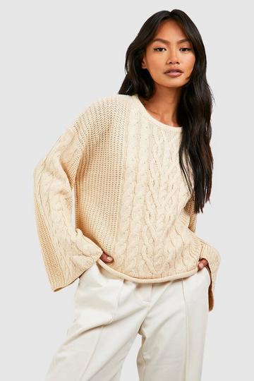 Stone Beige Wide Cable Sleeve Sweater