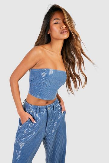 Blue Sequin Denim Bandeau Top