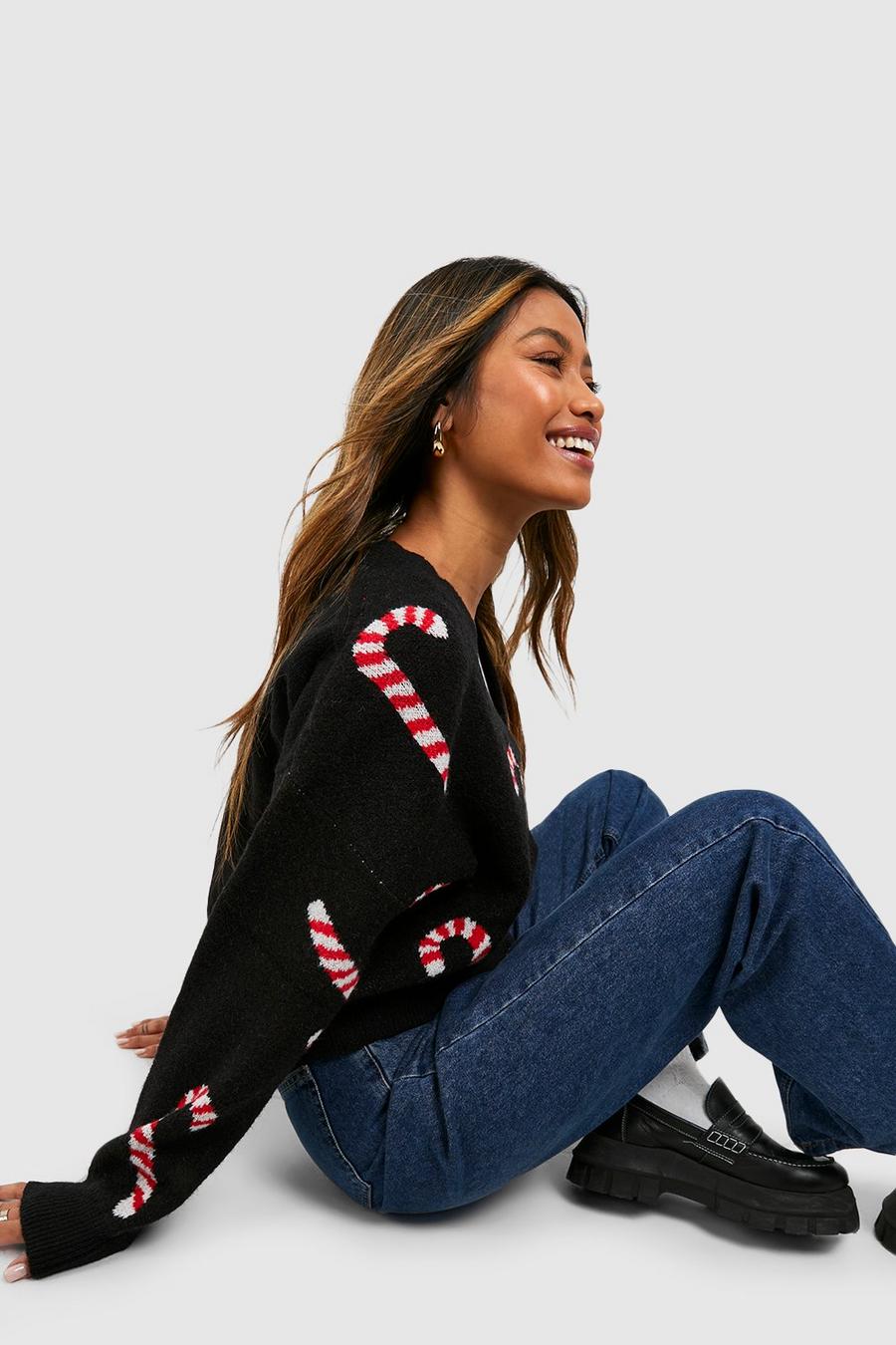Black Soft Knit Candy Cane Hearts Christmas Cardigan