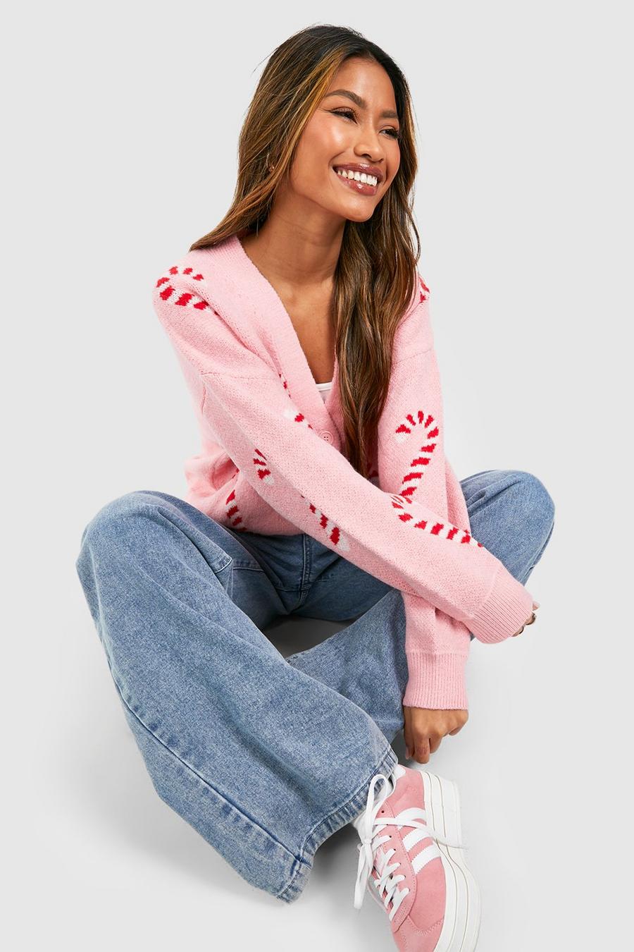 Soft pink Soft Knit Candy Cane Hearts Christmas Cardigan image number 1