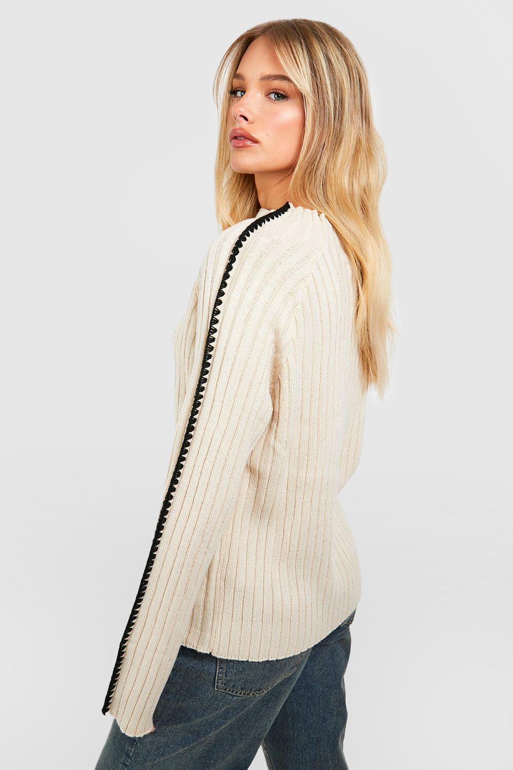 Blanket Stitch Rib Knit Oversized Sweater