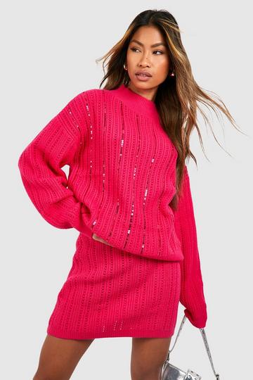 High Neck Sequin Sweater hot pink