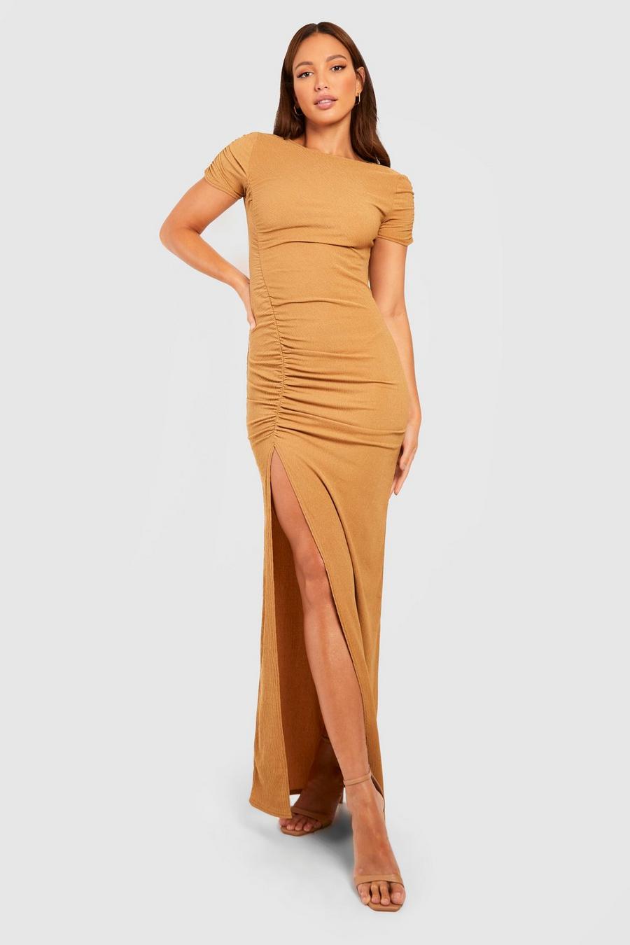 Camel Tall Textured Ruched Detail Split Maxi Dress image number 1