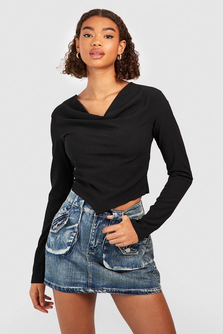 Black Tall Textured Cowl Neck Long Sleeve Top image number 1