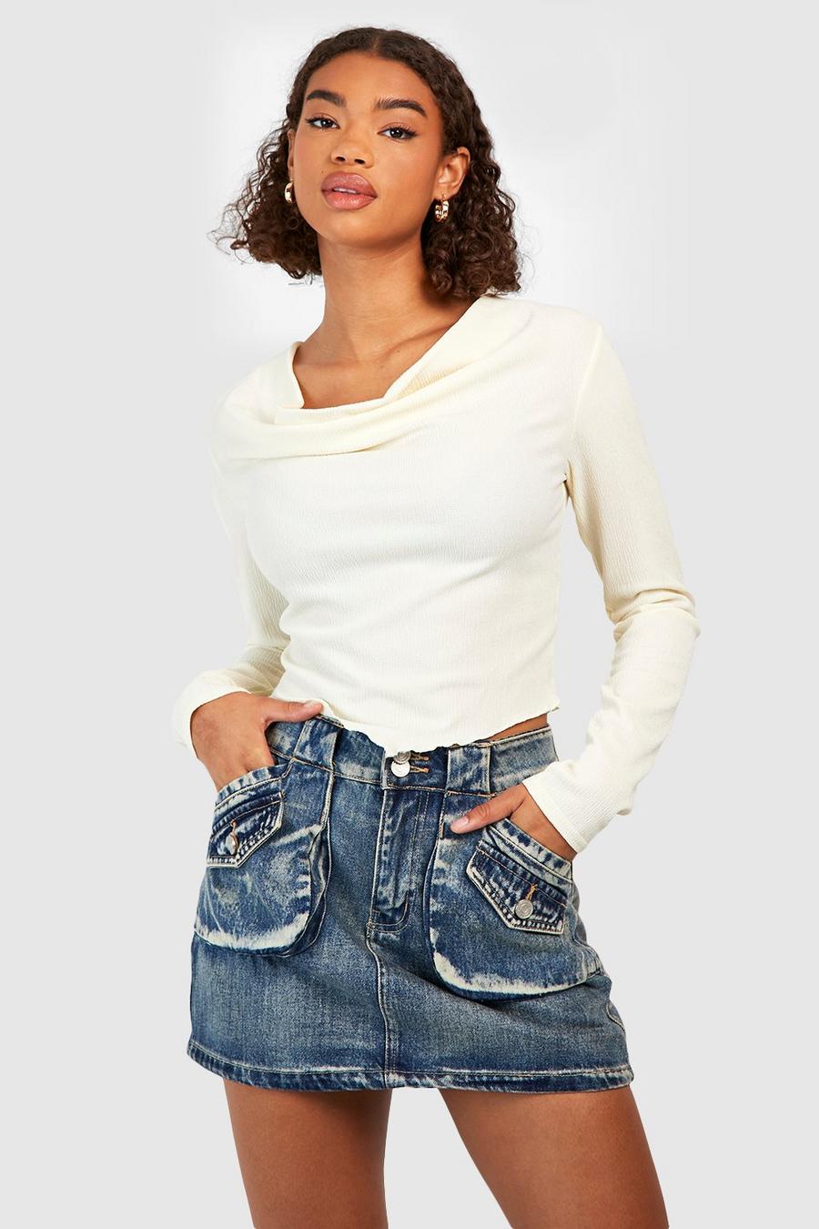 Top Tall de manga larga texturizado con escote plisado, White