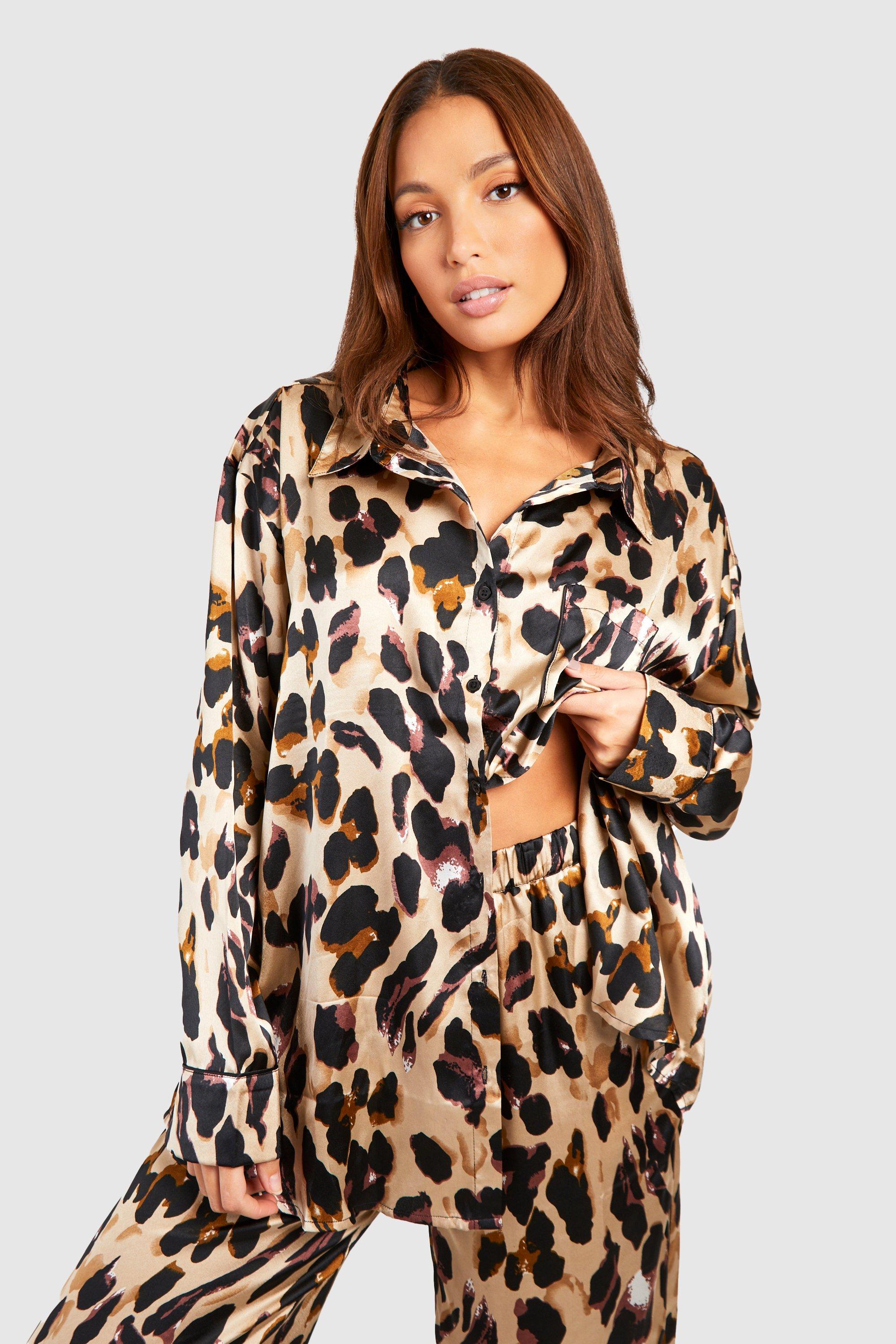 Women s Tall Leopard Print Oversized Pyjama Set Boohoo UK