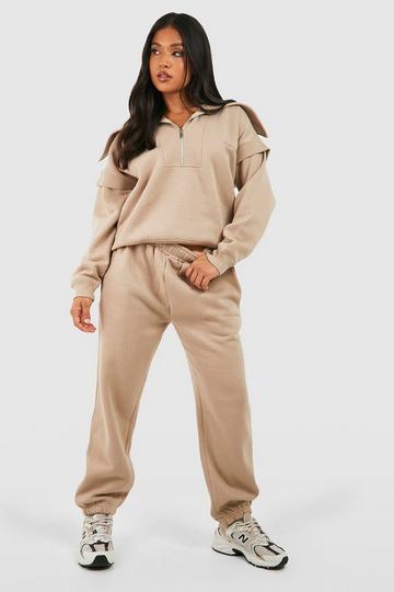 Stone Beige Petite Quarter Zip Collar Detail Tracksuit