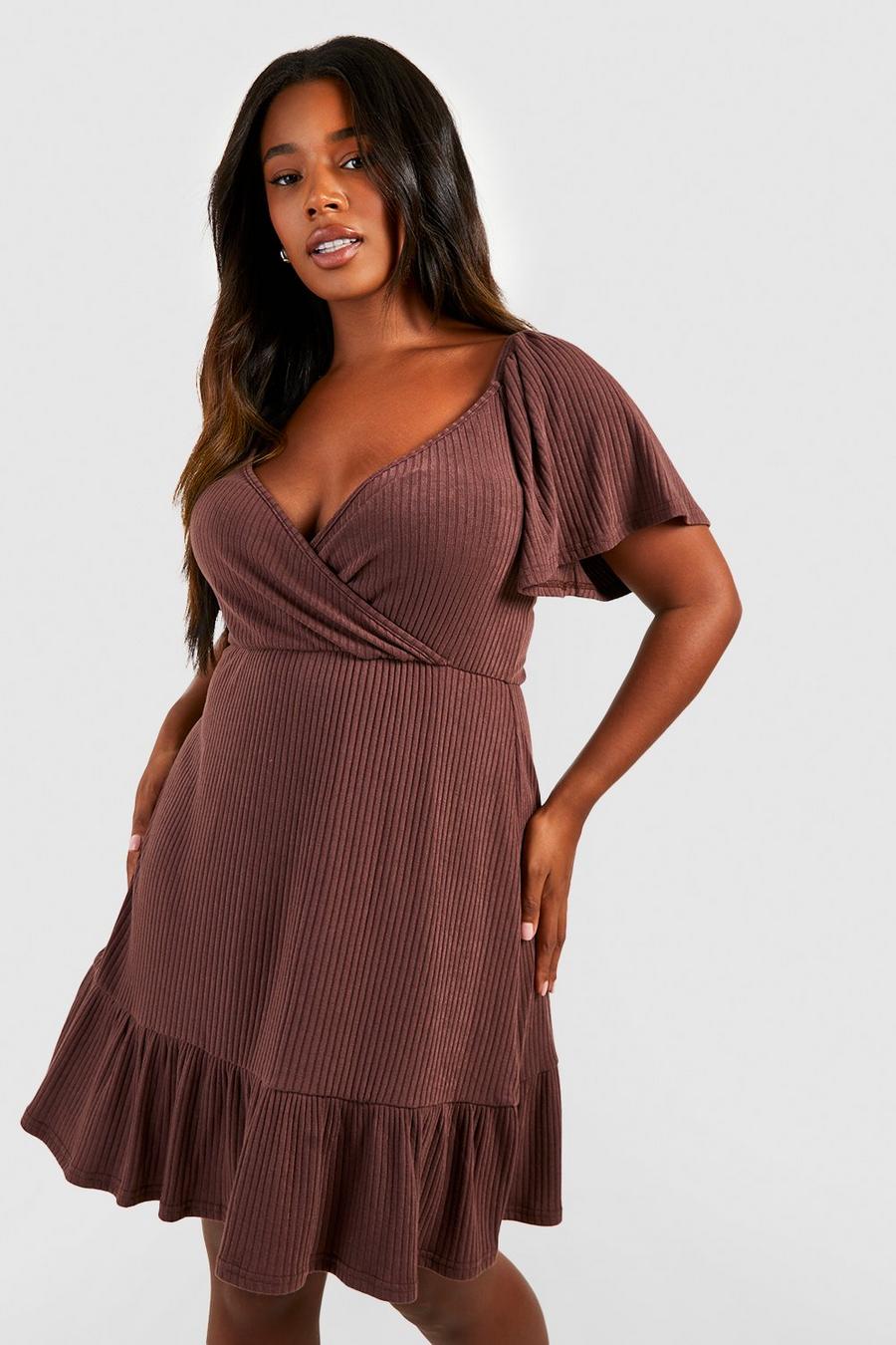 Grande taille - Robe babydoll côtelée douce, Chocolate image number 1