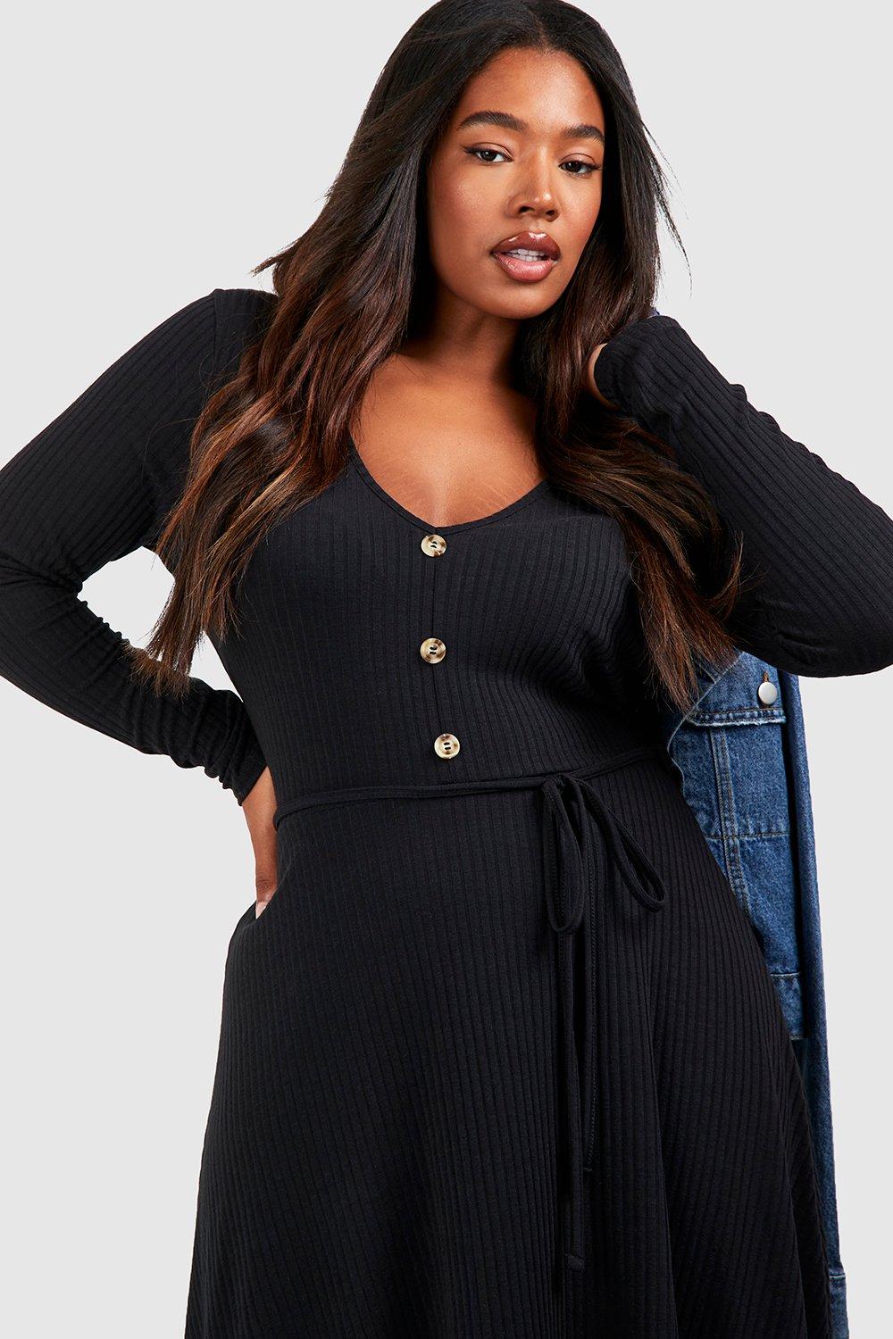 Plus Soft Rib Horn Button Long Sleeve Skater Dress boohoo