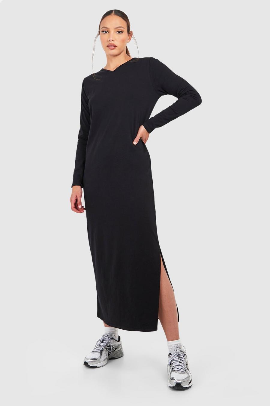 Black Tall V Neck Cotton Longsleeve T-shirt Column Midaxi Dress image number 1