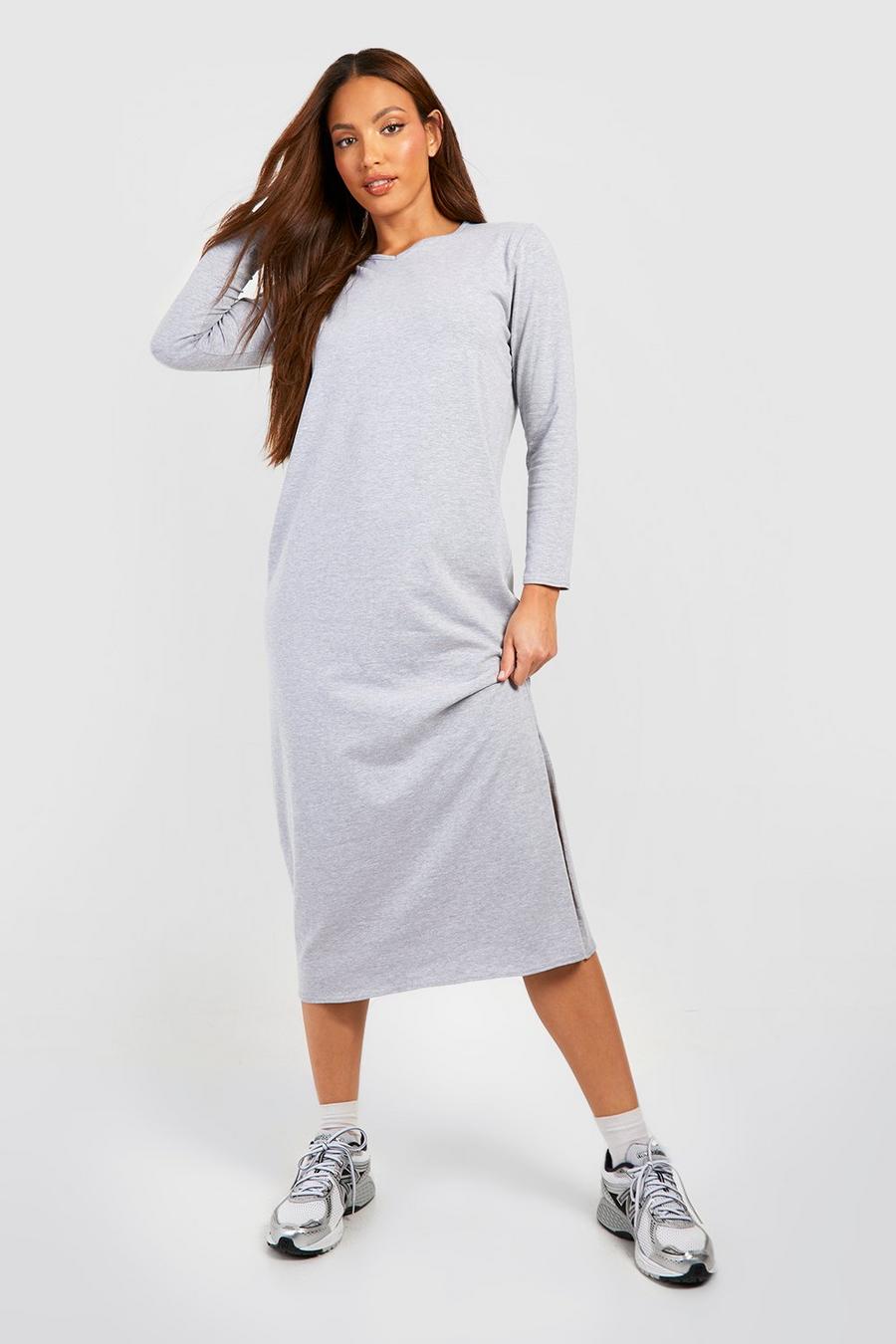 Grey marl Tall V Neck Cotton Longsleeve T-shirt Column Midaxi Dress