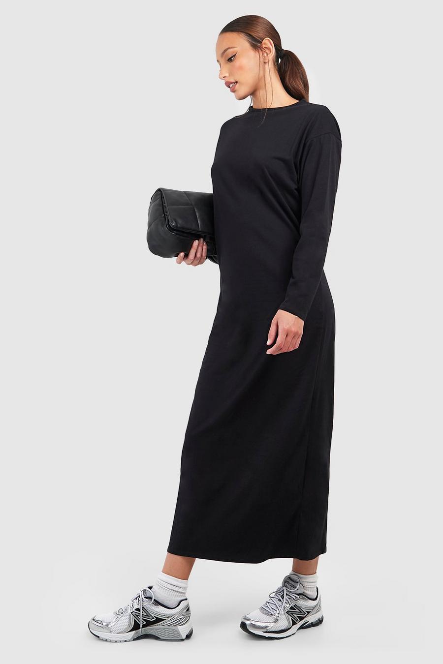 Black Tall Cotton Longsleeve T-shirt Column Midaxi Dress image number 1