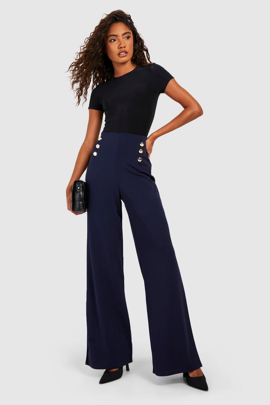 Navy Tall Button High Waist Tailored Trousers image number 1