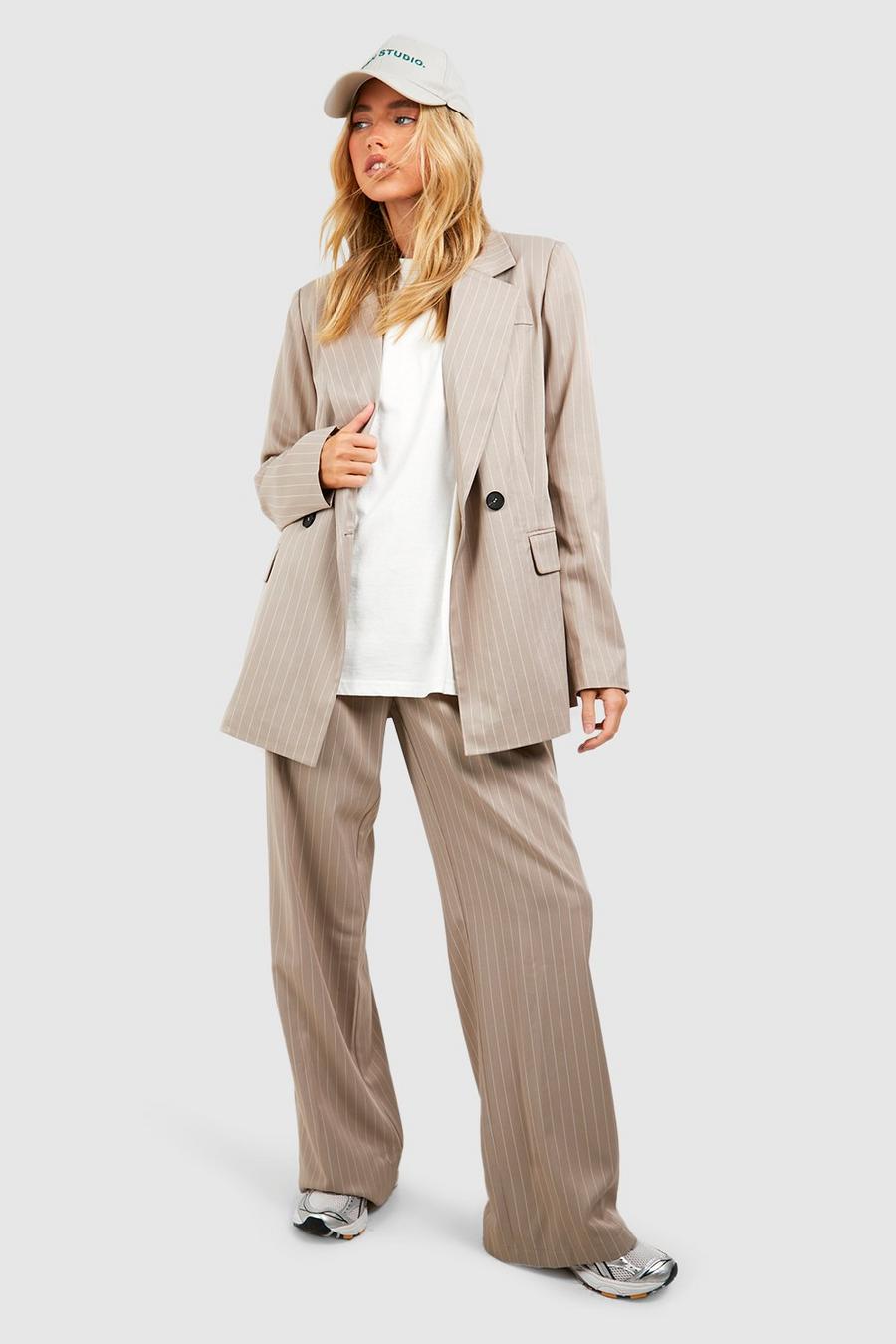 Taupe Pinstripe Pocket Detail Wide Leg Trousers image number 1