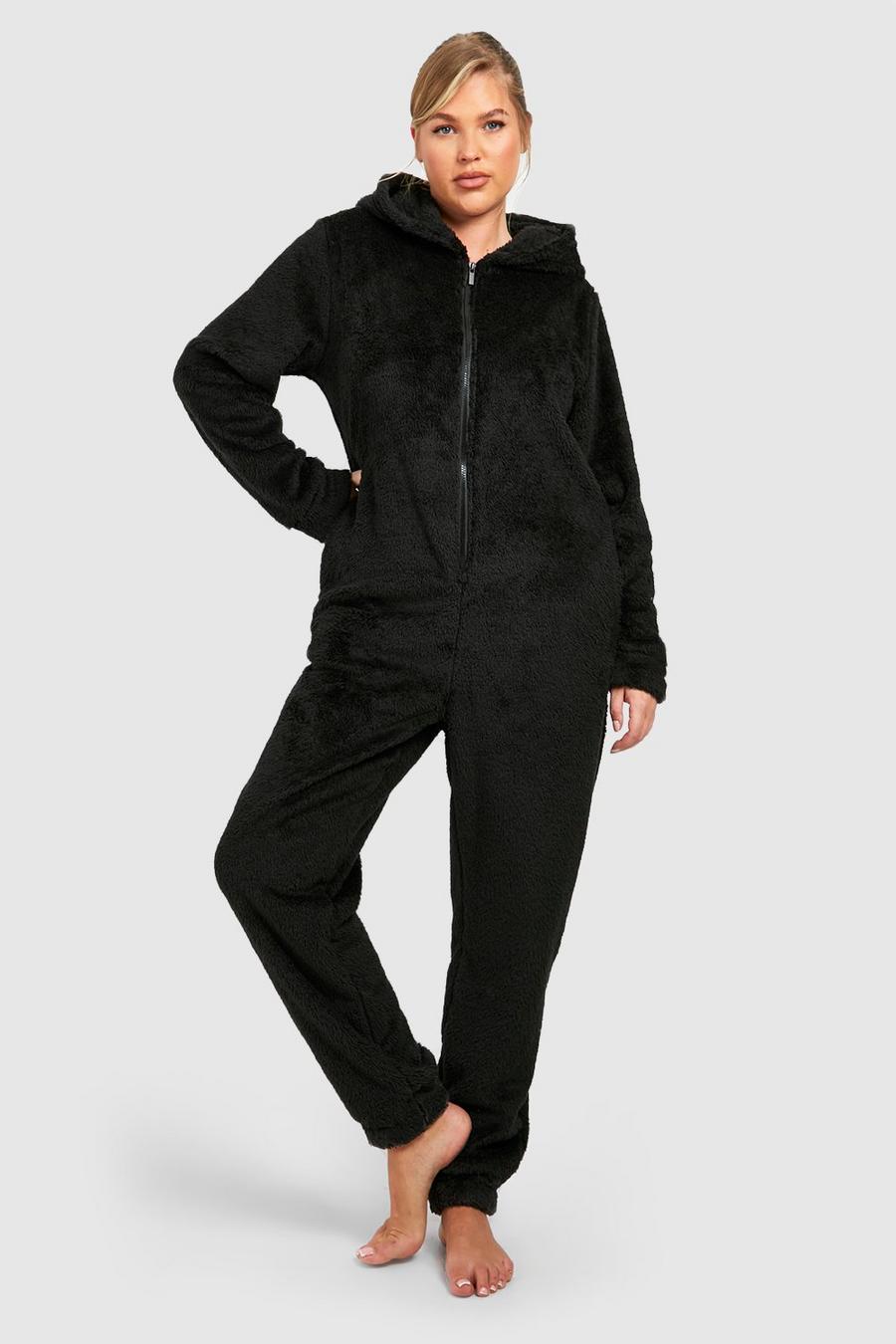 Pigiama intero Plus Size in fleece con slogan Baby Girl, Black image number 1
