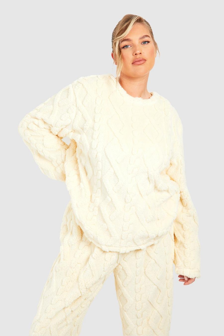 Cream Plus Cable Knit Fleece Lounge Sweatshirt  image number 1