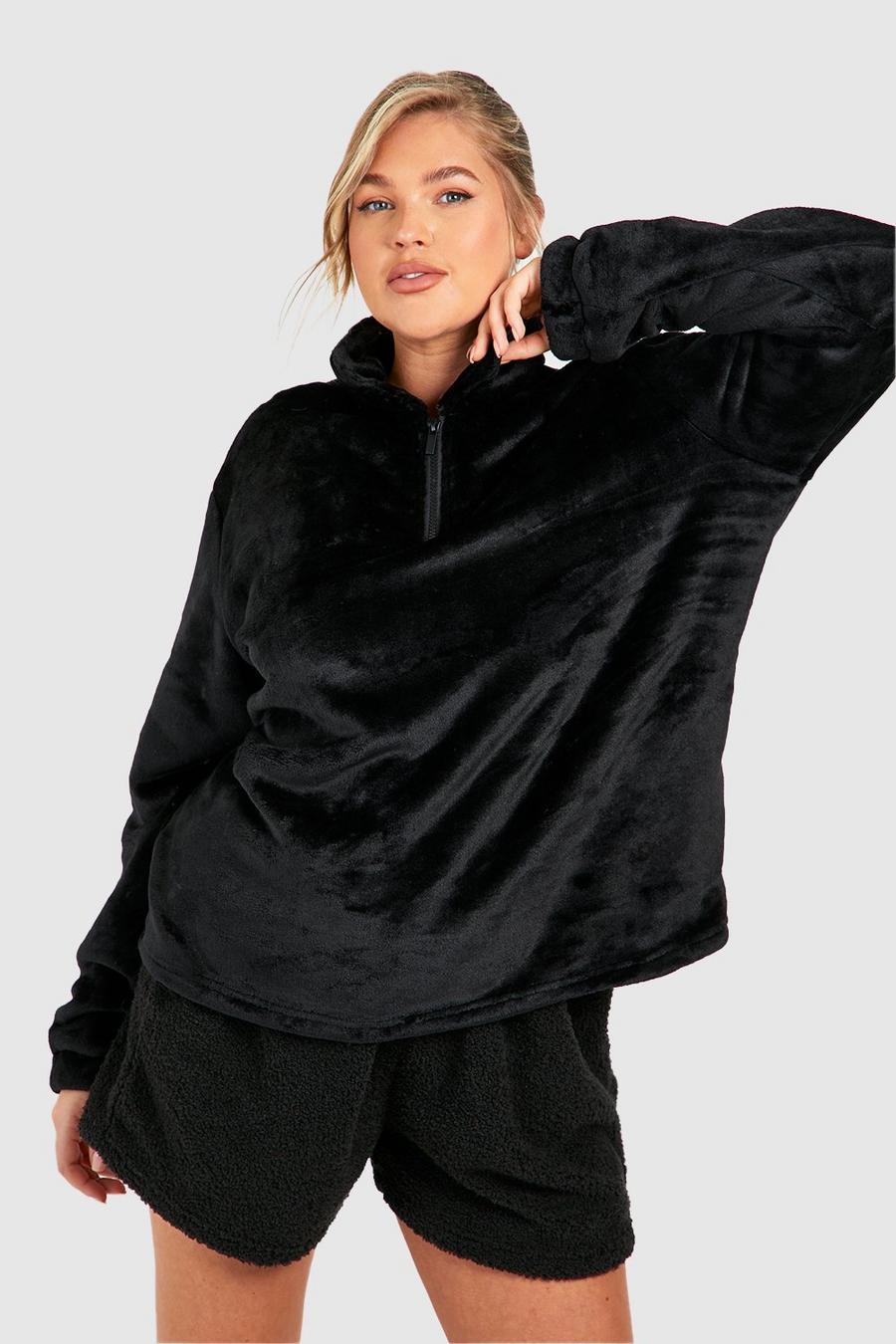 Plus Loungewear-Sweatshirt mit halbem Reißverschluss, Black noir