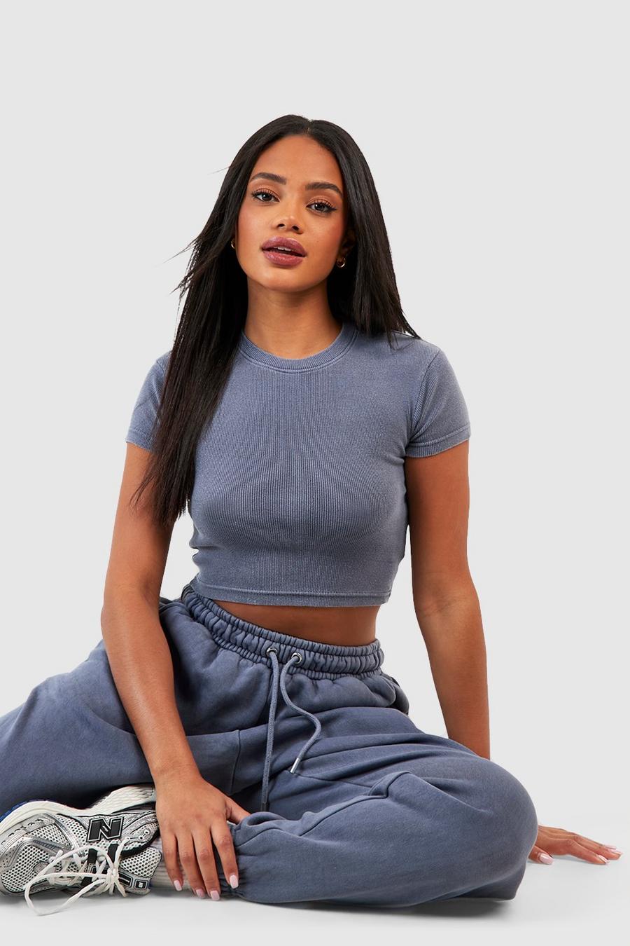 Denim-blue Washed Rib Short Sleeve Fitted Top