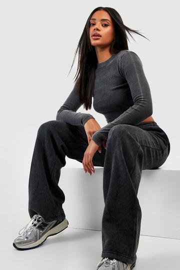 Washed Rib Long Sleeve Fitted Top charcoal