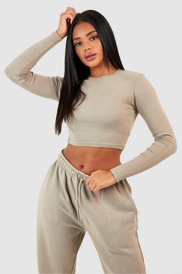 Washed Rib Long Sleeve Fitted Top stone