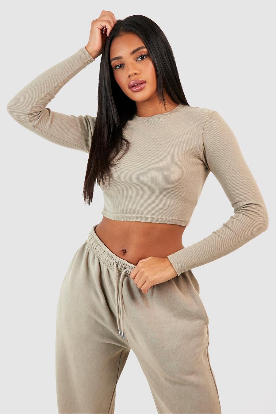 Stone beige Washed Rib Long Sleeve Fitted Top