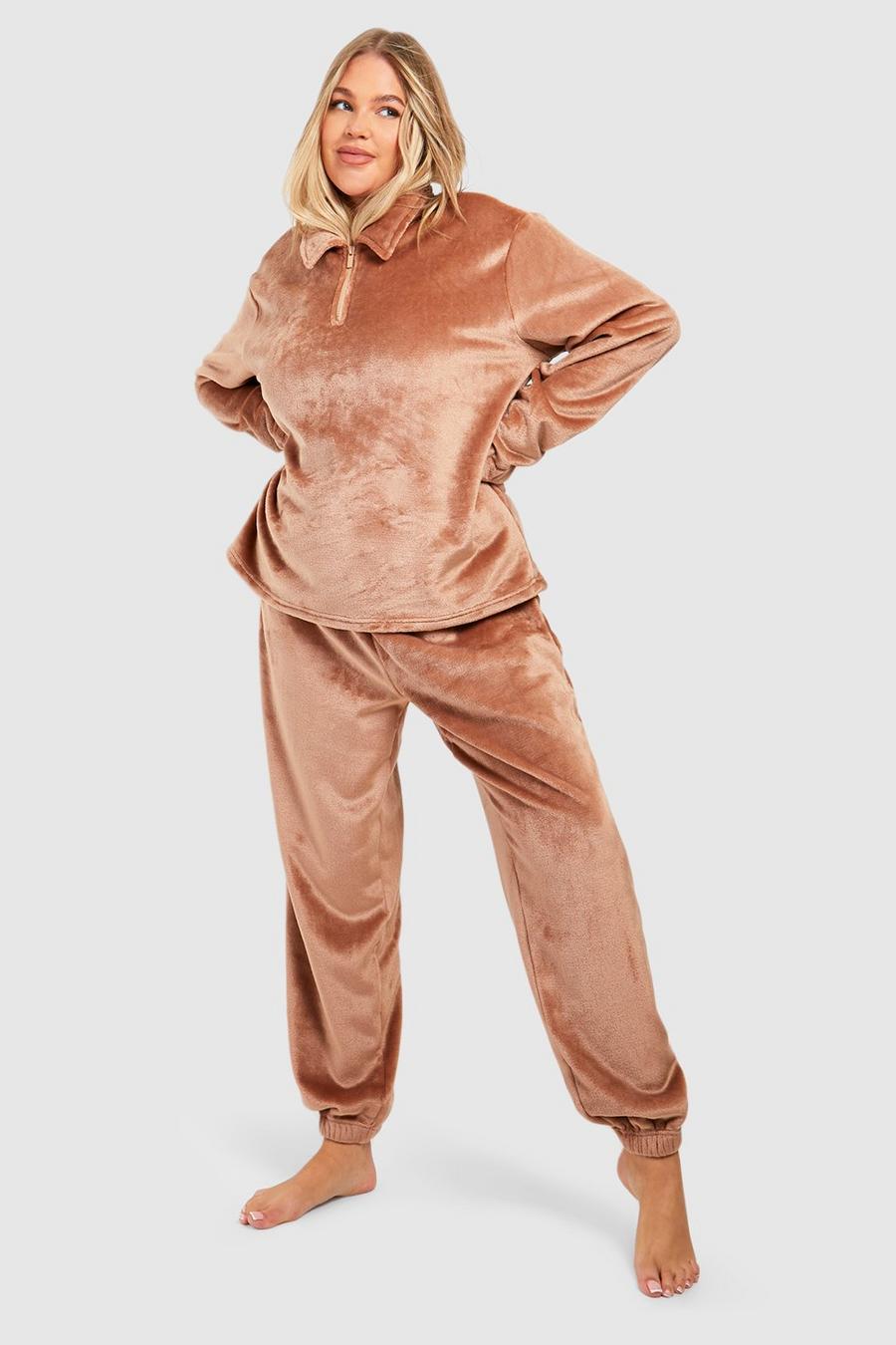 Plus Fleece Loungewear-Jogginghose mit halbem Reißverschluss, Chocolate image number 1