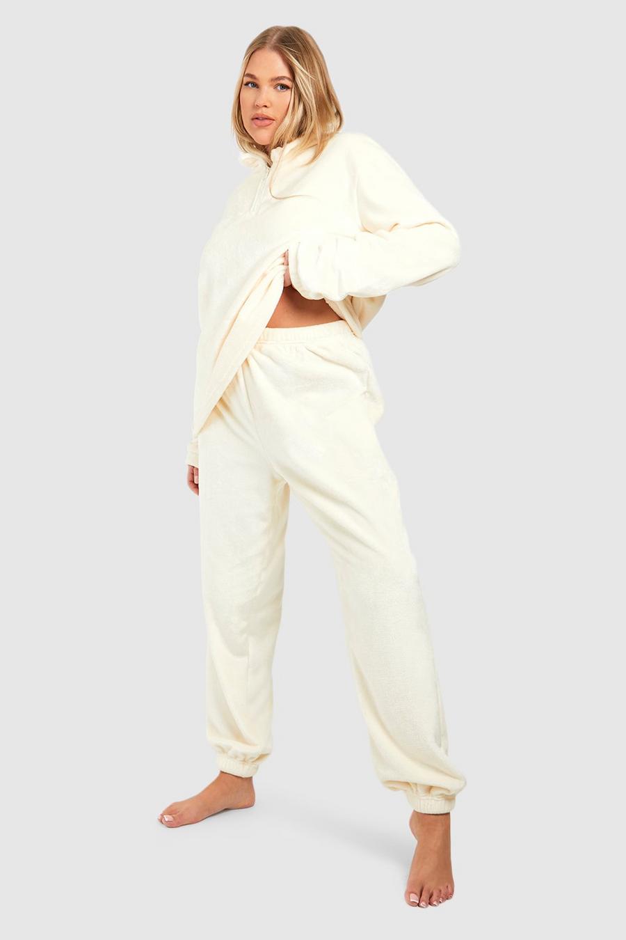 Plus Fleece Loungewear-Jogginghose mit halbem Reißverschluss, Cream white