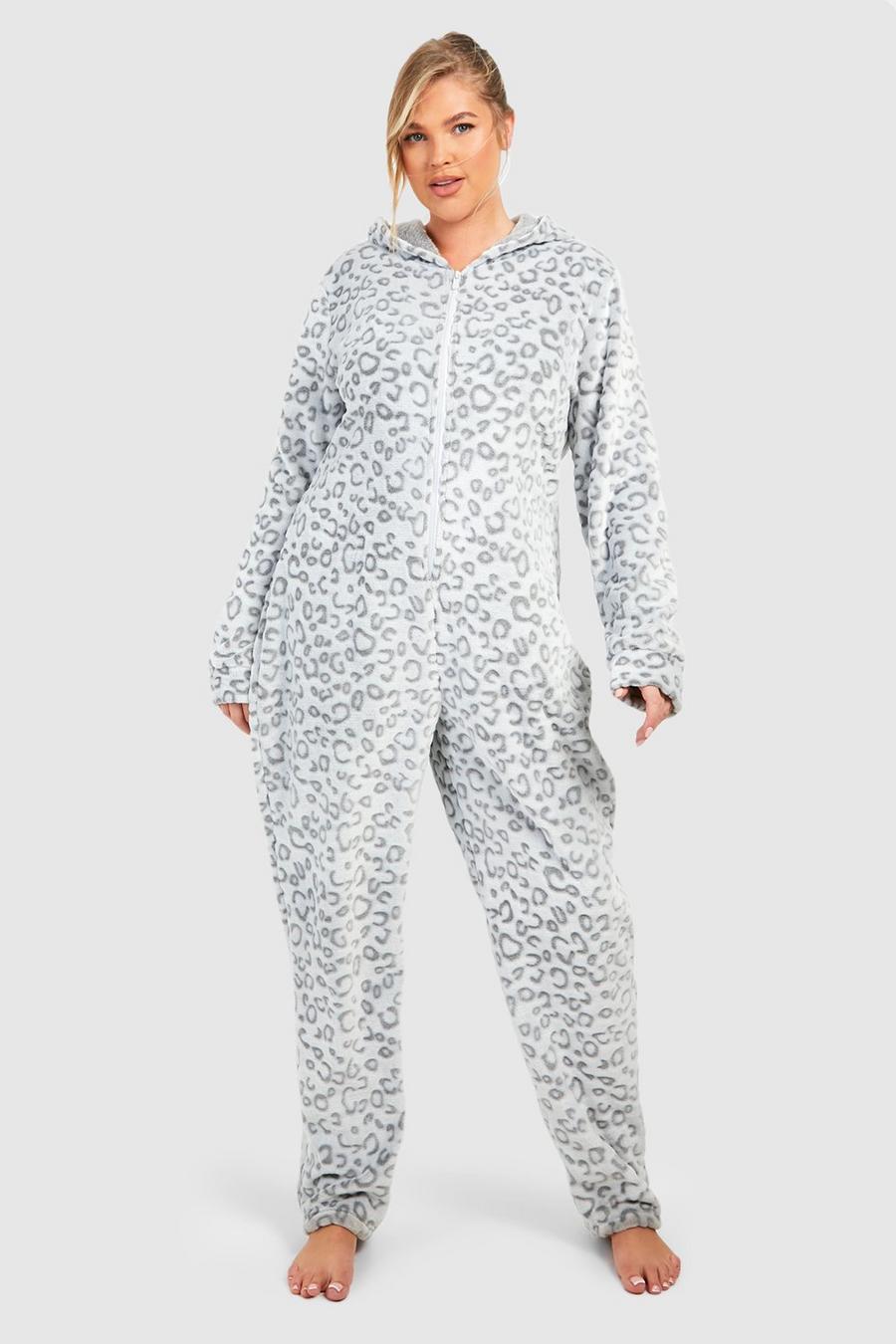 Pijama enterizo Plus para estar en casa de forro polar con estampado de leopardo, Grey grigio