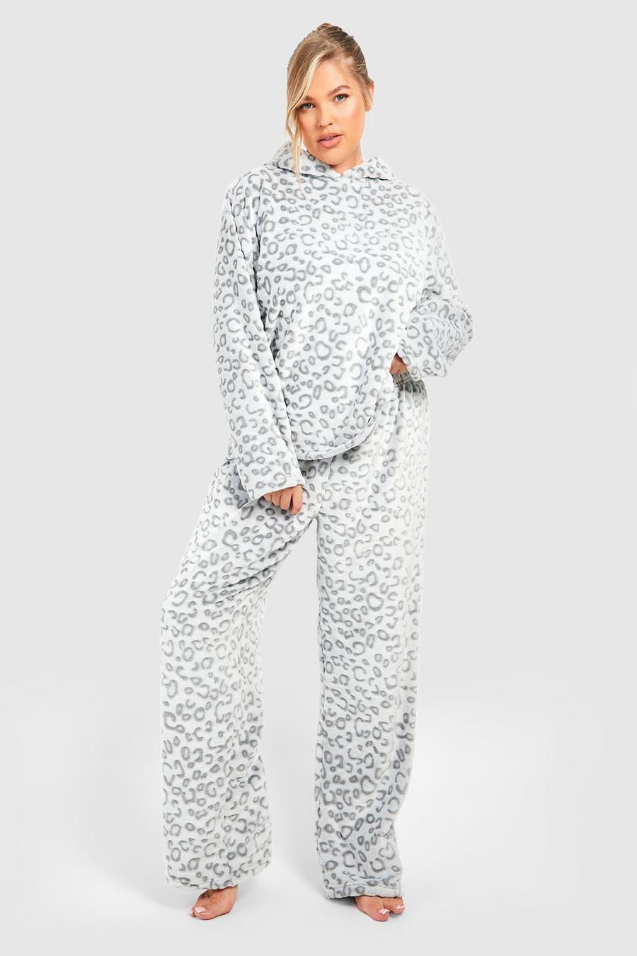 Pantalón deportivo Plus para estar en casa de forro polar con estampado de leopardo, Grey grigio