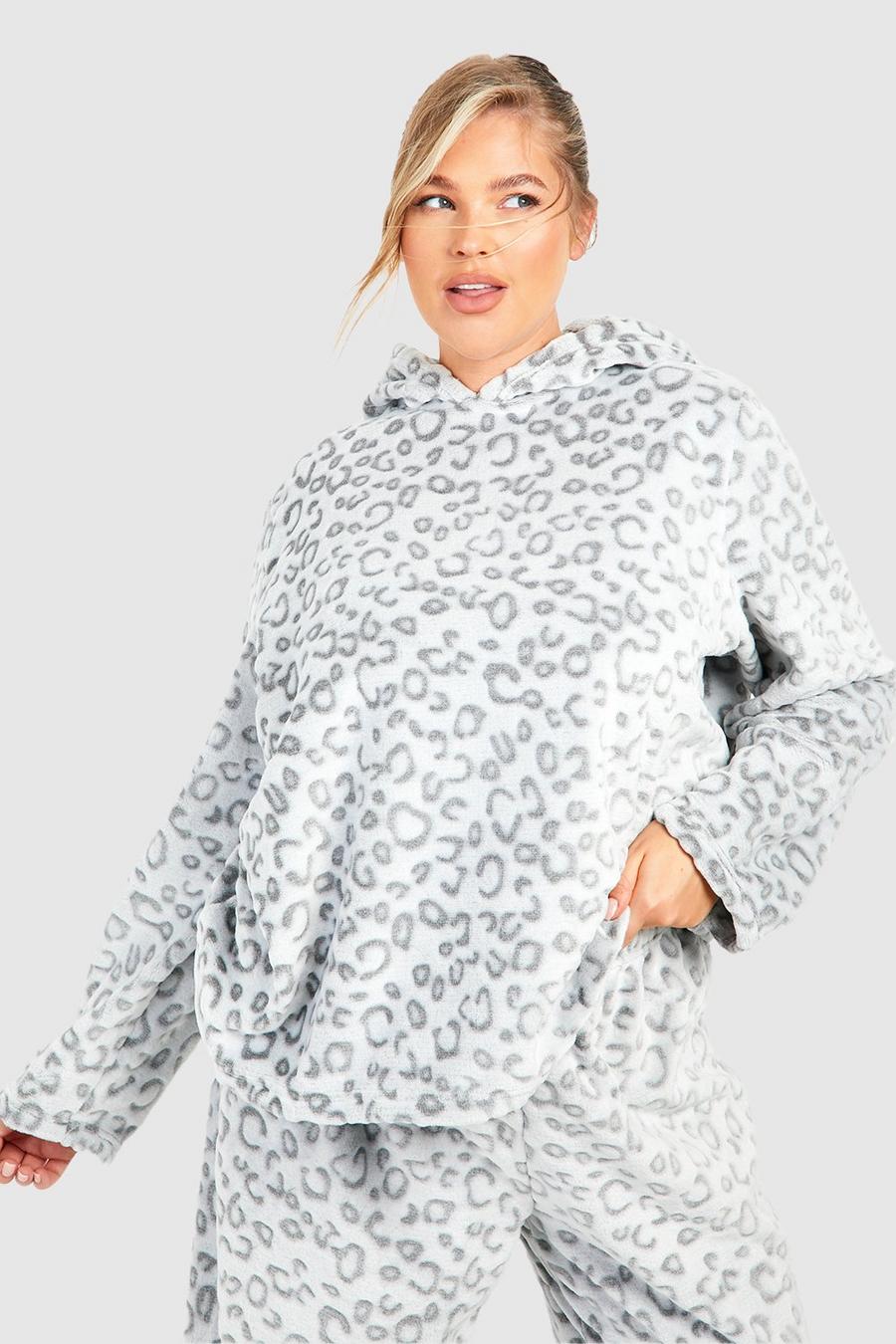 Felpa Plus Size da casa in fleece leopardata con cappuccio, Grey image number 1