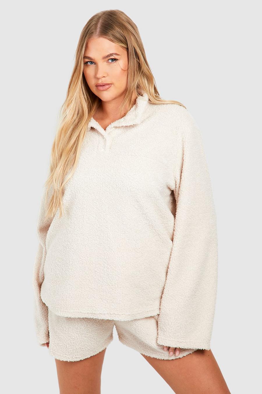 Cream Plus Fluffy Borg Collared Lounge Sweatshirt 