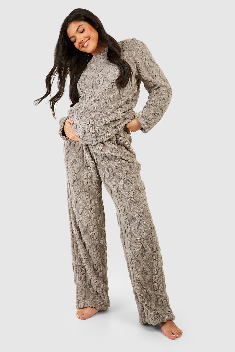 Grey Maternity Cable Knit Fleece Lounge Wide Leg Trouser image number 1