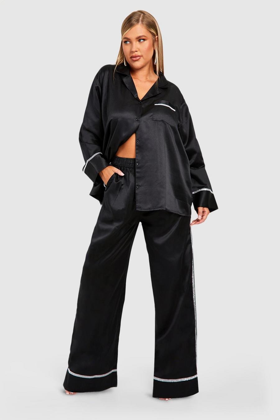 Black svart Plus Premium Diamante Edge Detail Shirt And Trouser PJ Set 