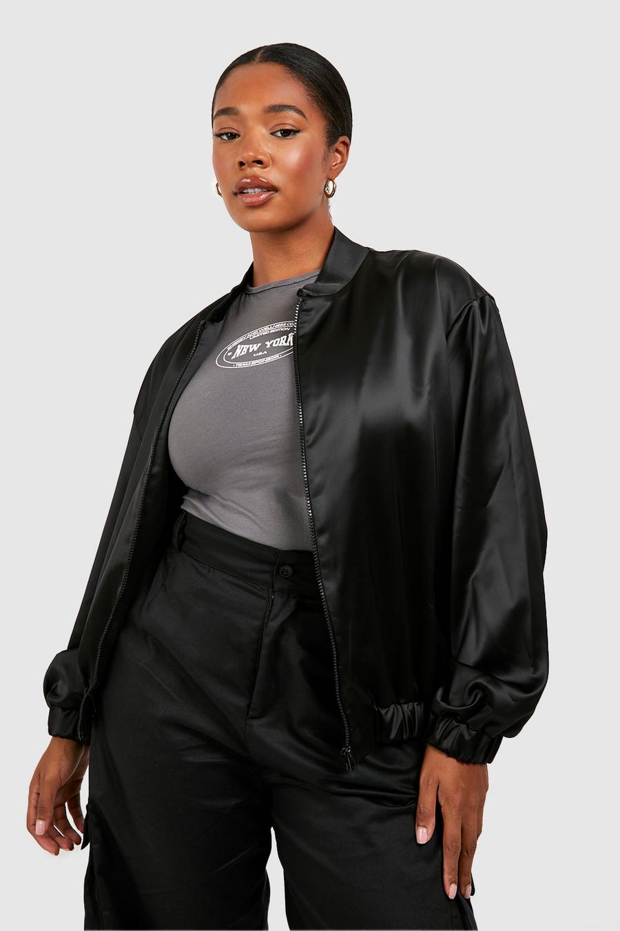 Giacca Bomber Plus Size in raso con zip, Black image number 1