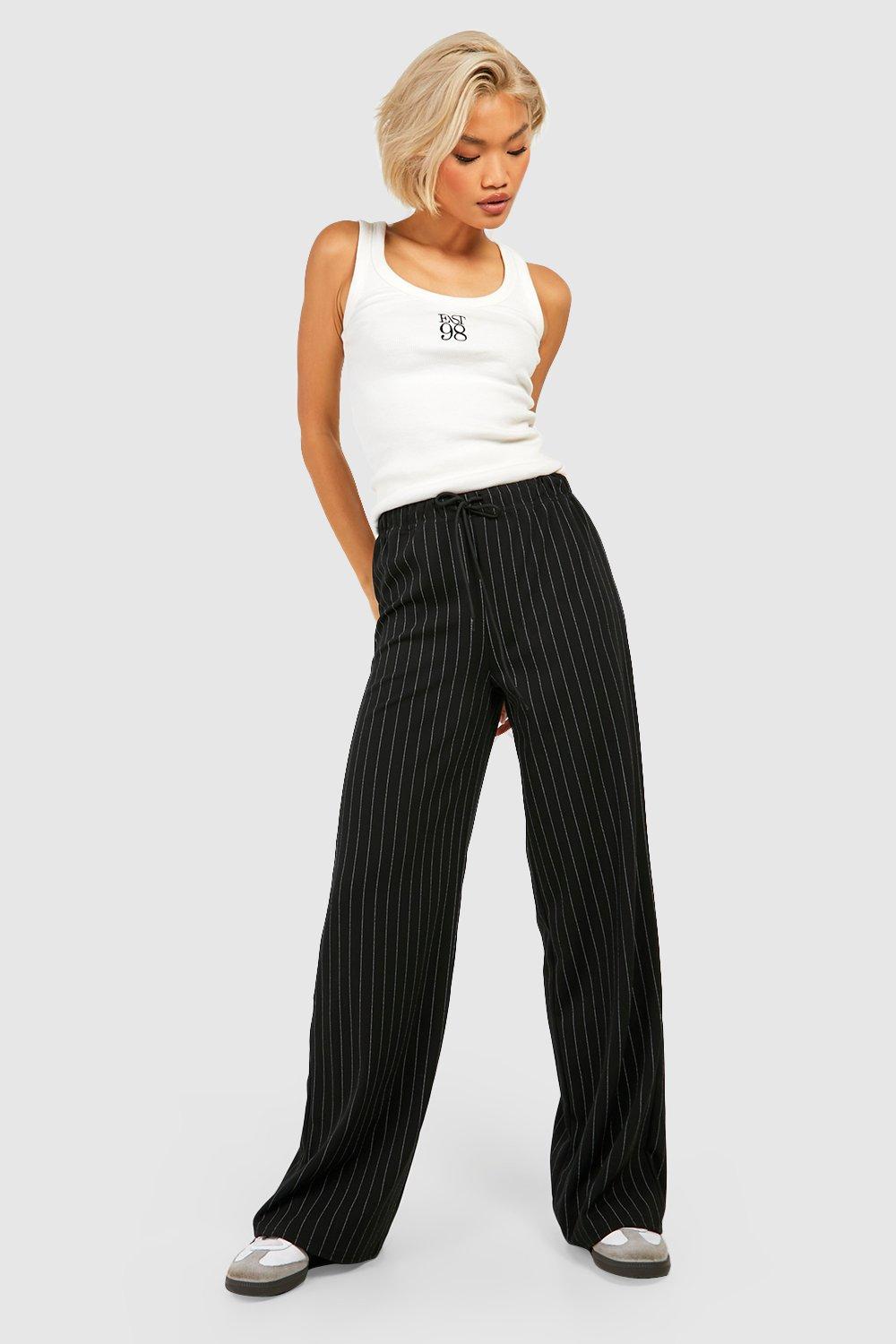 Pinstripe Drawcord High Waisted Wide Leg Pants