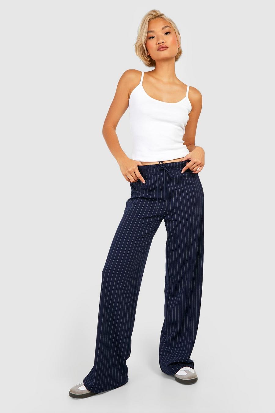 Navy Pinstripe Drawcord High Waisted Wide Leg Trousers image number 1